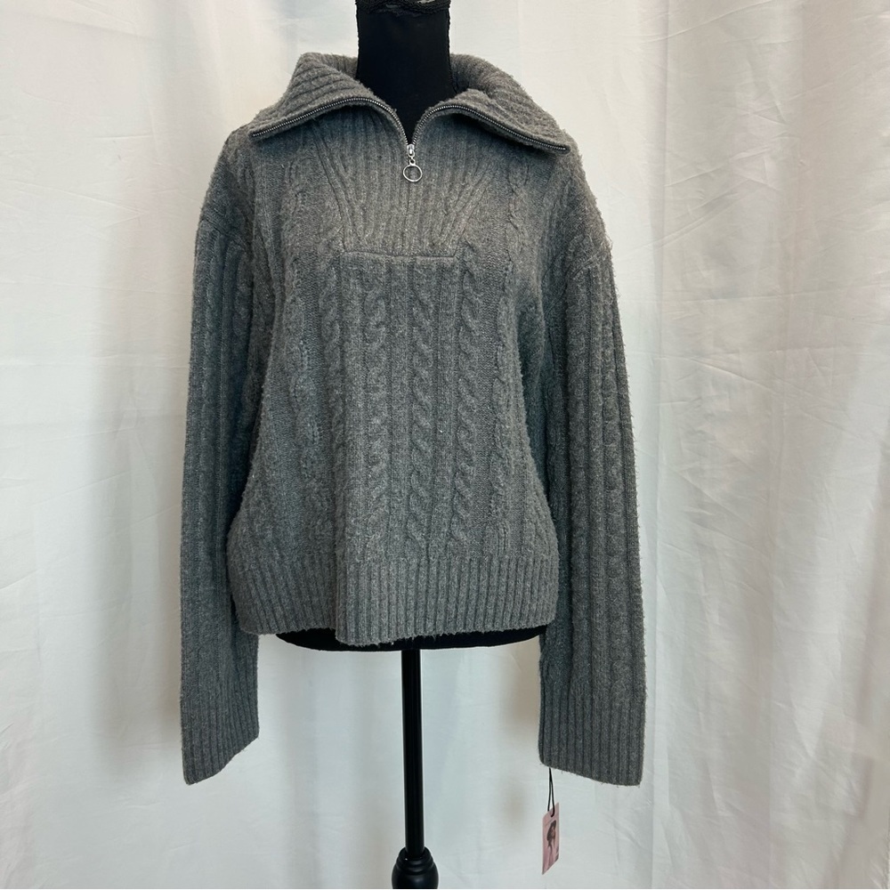Sincerely Jules gray soft cable knit Quarter Zip high neck sweater XL NWT